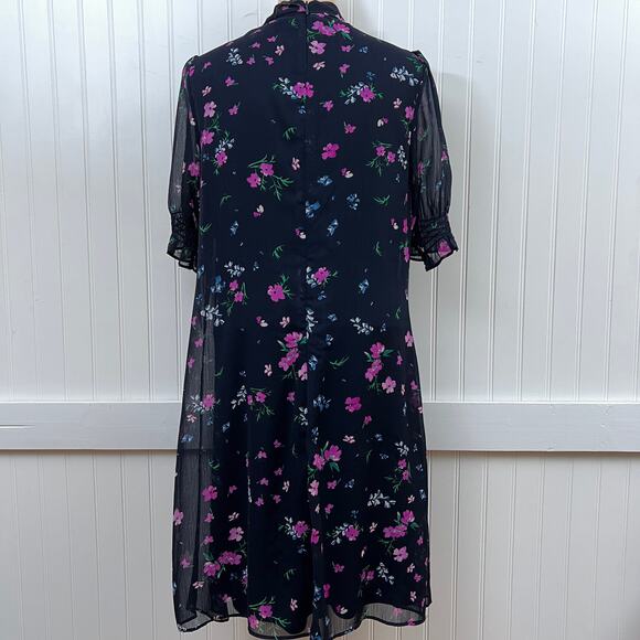 DKNY Navy Blue Floral Chiffon Bow Neckline Knee Length Shift Dress Women's 10 - Picture 3 of 9